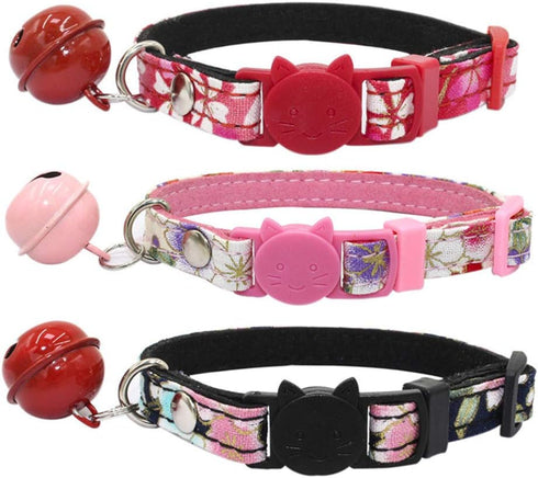 Dogs Kingdom Dog Cat Collar with Bell and Cat Buckle,Japanese Flower Breakaway Pet collar for Cats Kittens Puppy Red S:6.6-10.6" Neck...