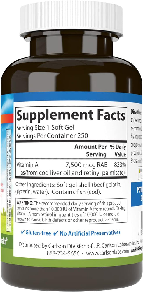 Carlson - Vitamin A, 25000 IU (7500 mcg RAE), Immune Support, Vision Health, Antioxidant, Vitamin A Supplements, 250 Softgels...