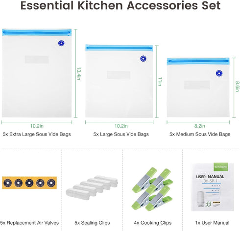 BLITZHOME Vacuum Sealer Bags for Food 3 Sizes, 29 Pack Kit with 15Pcs Reusable Sous Vide Bags, 5 Air Valves, 5 Sealing Clips, 4 Clips for Sous Vid...