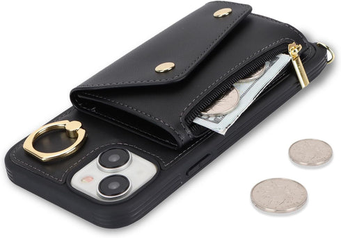 for iPhone 13 Case with Card Holder and Strap - Zipper Pocket,Crossbody Lanyard Strap,Credit Card Holder,Stand Ring,Cute Phone Wallet Case for Wom...
