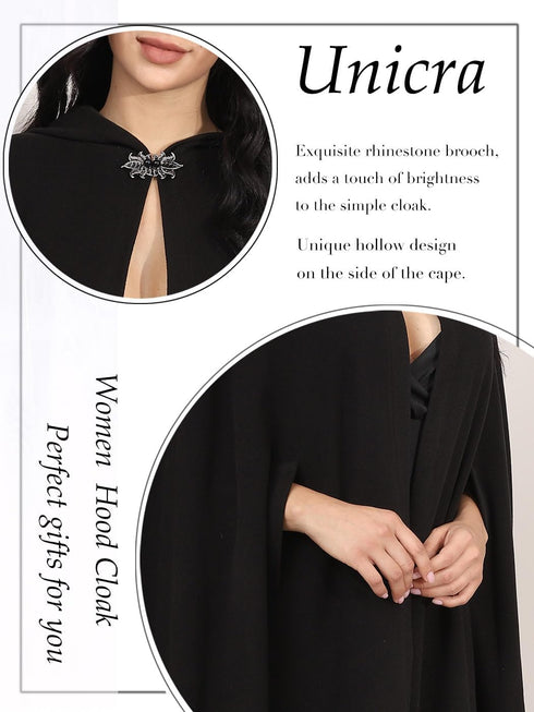 Unicra Halloween Hooded Cloak Black Long Party Cape Renaissance Cosplay Costume Robe with Rhinestone Brooch for Women and Men...