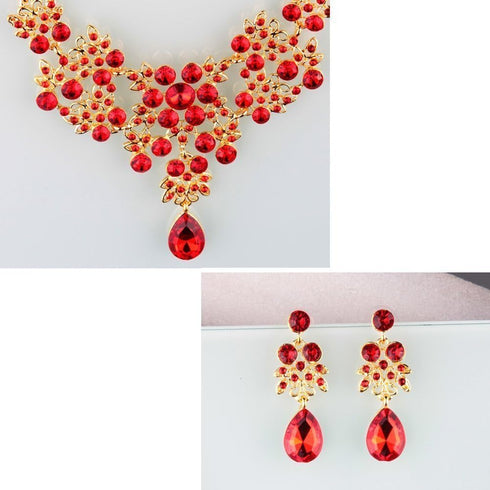 Silver Red Alloy Rhinestone Earrings Crystal Pendant Necklace Bridal Jewelry Set...