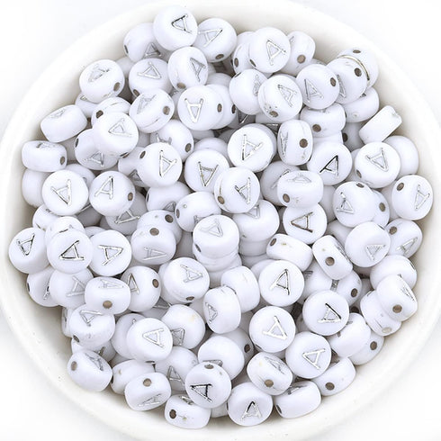 100PCS Letter Beads White Round Acrylic Alphabet Beads Silver Letter A Beads for Jewelry Making Bracelets Necklaces Key Chains DIY 4X7mm...