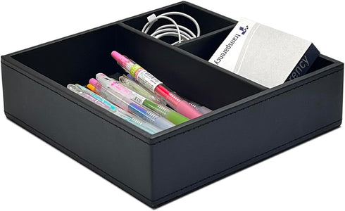 UnionBasic Flat 3-Slot Small Desk Drawer Tray Stationery Sundries Gadget Organizer Storage Box Business Card Holder Key Container, Black Square...