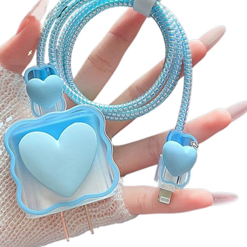 Waves Blue Heart Shape DIY 18W 20W Data Cable USB Charger Protector Line Earphone Wire Saver Charger Protector Compatible with iPhone XR/7/8/11/12...