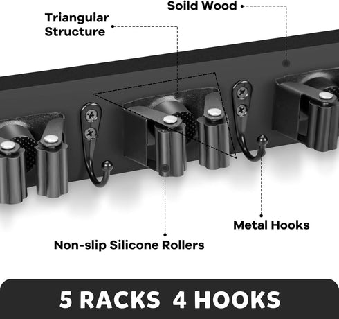 IMILLET Broom Holder Wall Mount, Wood Broom Holder with 5 Racks and 4 Hooks Broom Organizer, Laundry Room Organization and Storage, Mop Hanger for...