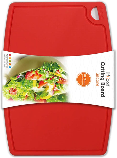 Thick Silicone Cutting Board 12.6'' x 9.1'' Juice Grooves Easy Grip Handle Dishwasher Safe-Red...