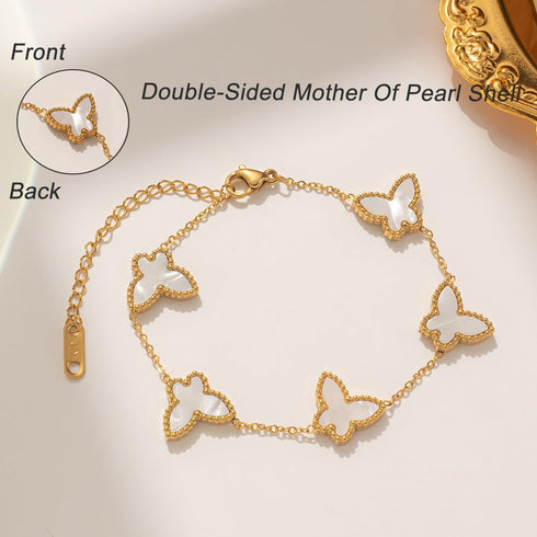 Lucky Butterfly Bracelet Designer Dupes, 18k Gold Plated Minimalism Double-Sided Mother Of Pearl Shell Dainty Adjustable Chain Bracelet For Women ...