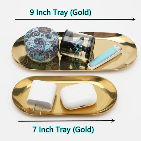 Stainless Steel Decorative Tray, Set of 2, 9 Inch Long, Jewelry Dish Cosmetics Organizer Bathroom Clutter Serving Platter Small Storage Tray, Oval...