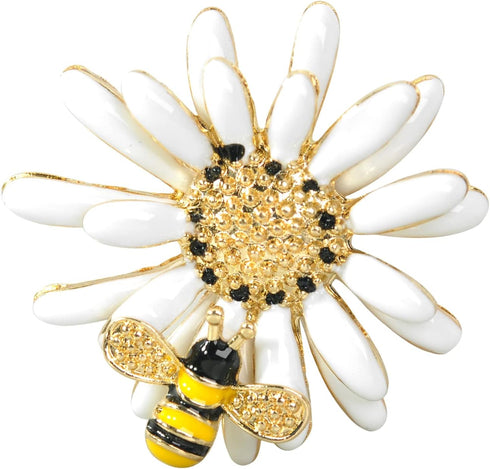 Gyn&Joy Golden Tone White Yellow Painted Enamel Bee Daisy Flower Collar Brooch Pin For Women...