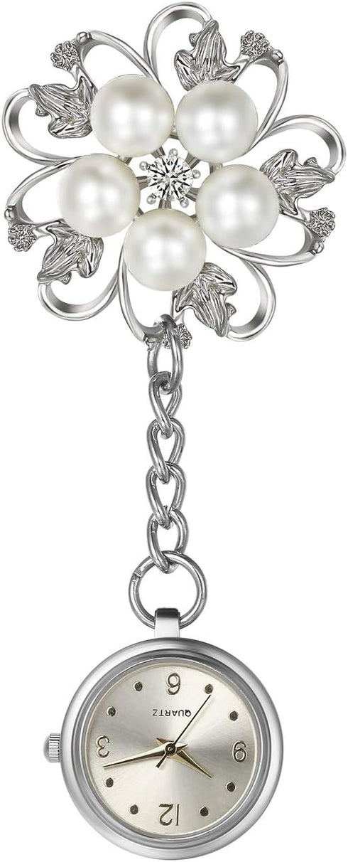 Lancardo Women's Nurse Watch Fashion Pearl Flower Pattern Pin-on Brooch Hanging Lapel Watch for Nurses Doctors Badge Stethoscope Quartz Fob Watch ...