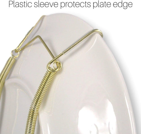 Brass Vinyl Coated Plate Hangers - 10 to 14 Inch - Set of 4 Pcs - Clear Vinyl Sleeves - Hook and Nail Included - Pack of 4 - Plate Hangers for The...