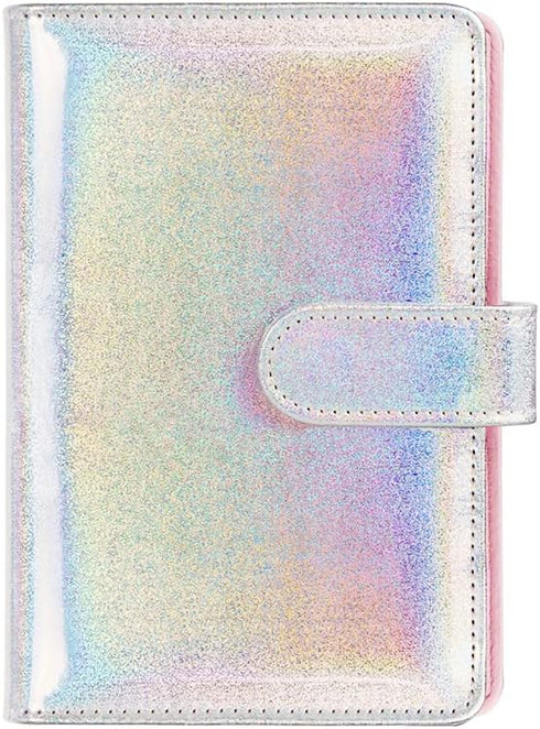 A6 Binder Cover Glitter White PU Leather Binder Cover Refillable 6-Ring Planner Budget Binders Loose-Leaf Notebook Binder Covers with Magnetic Buc...