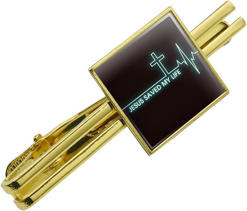 Jesus Saved My Life EKG Heart Rate Pulse Religious Christian Square Tie Bar Clip Clasp Tack- Silver or Gold...