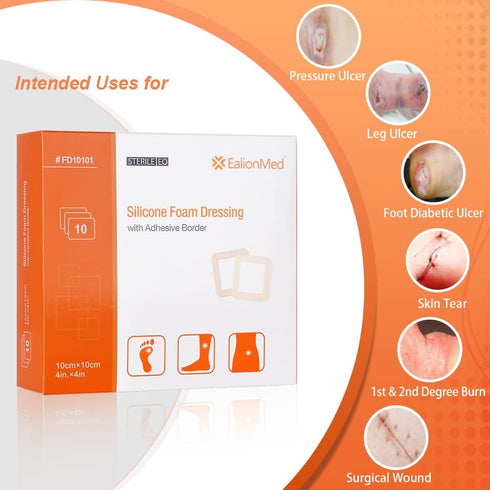 EalionMed Silicone Foam Dressing with Gentle Adhesive Border 4''x4'', 10 Pack, Painless Removal High Absorbency Bed Sore Wound Bandage for Pressur...