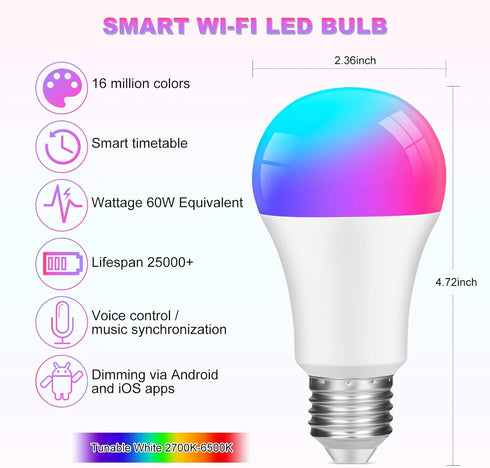 Smart Light Bulbs,Color Changing Light Bulb LED Light Bulbs,Music Sync,Dimmable,16 Million RGBWW Color Smart Bulb That Work with Alexa & Google Ho...