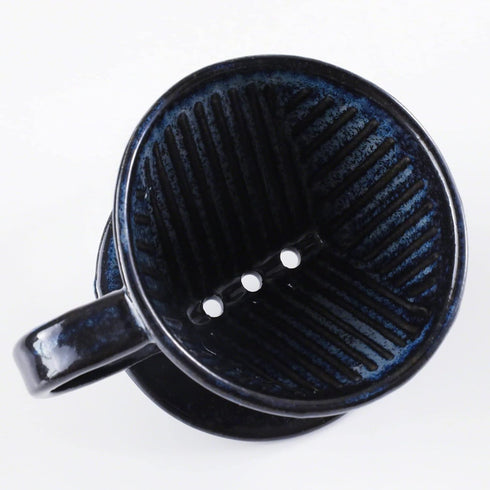 Asayu Japan Ceramic Coffee Pour Over Maker Set in Dark Navy Blue, Slow Brewing Paper Filter Holder and Dripper with 3 Holes for Coffee and Tea - C...