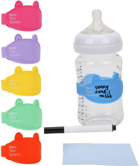 Baby Bottle Labels for Daycare, Durable Writable Reusable Food -Grade Silicone 6 Pack Baby Bottle Labels with Dry Erase Marker Foretoo...