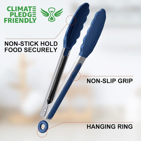 Kitchen Tongs, Stainless Steel Silicone Tongs for Cooking 600ºF High Heat-Resistant BBQ Grilling Locking Tongs, Set of 2-9" and 12" Classic Blue...