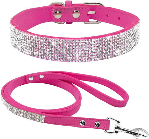 Cute Dazzling Sparkling Elegant Fancy Soft Suede Leather Bling Rhinestone Crystal Jeweled Pet Cat Dog Puppy Collar Dog Leash Combo Set (S(Neck 10-...