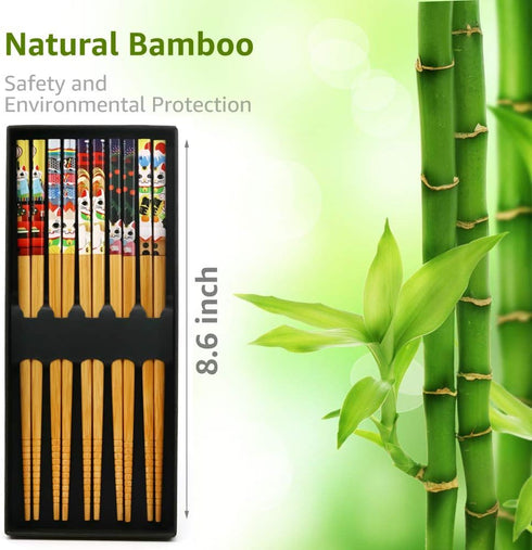5 Pairs Chopsticks with 6 Cute Lucky Cats Chopstick Rest Set, Classic Japanese Style Reusable Light and Handy Natural Bamboo, Chinese Chopstick gi...