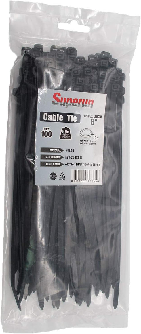Superun Heavy Duty Zip Ties 8 Inch, 50 Lbs Tensile Strength Selflocking Wire Ties (Industrial Grade Cable Ties) Pack of 100 Black...