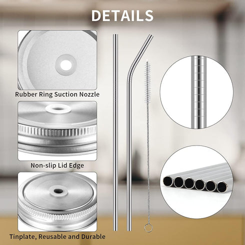 26 PCS Regular Mouth Mason Jar Lids With Straw Hole - 70MM Canning Caps for Drinking and Food Storage, Silver Tinplate With Silicone Ring, Straws,...
