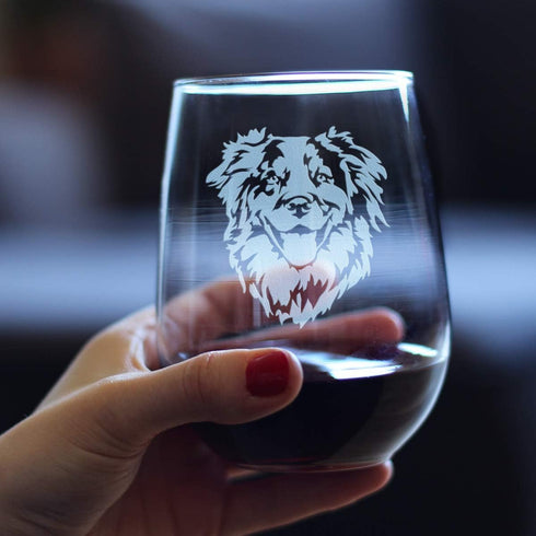 Australian Shepherd Face - Stemless Wine Glass - Unique Dog Themed Decor and Gifts for Lovers of Aussies - Large 17 Ounce...
