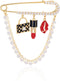 Gold Tone Crystal Pearl Chain Safety Pin Brooch Cardigan Hat Scarf Pin Brooch with Red Lip Charm...