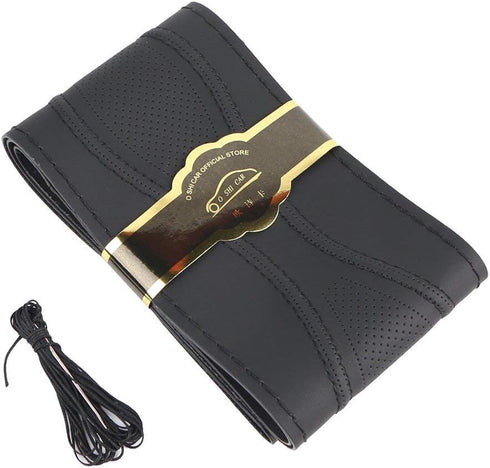 15 Inch 3D Universal Artificial Leather Steering Wheel Cover Stitch On Wrap with Needle & Thread Non-slip Black...