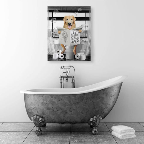 Golden Retriever Canvas Wall Art Black and White Funny Pictures Farmhouse Bathroom Wall Decor Dog Sitting in Toilet Painting for Toilet Bathroom D...