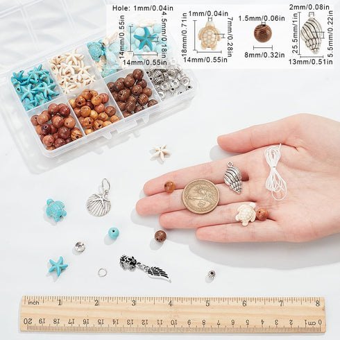 SUNNYCLUE 1 Box 6 Sets Ocean Bracelet Making Kit Sea Turtle Beads Turtle Charm Starfish Charms Wood Beads Summer Ocean Beads Sea Animal Beads Blue...