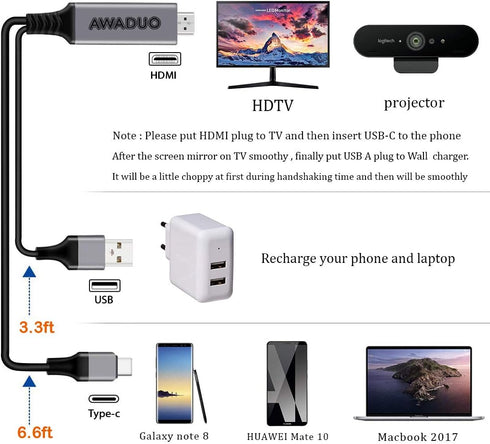 USB C to HDMI Adapter with Charging Cable, Type c to HDMI Adapter 4K 30Hz Compatible with MacBook 2018 iPad Pro,iMac,ChromeBook Pixel,Galaxy S9 No...