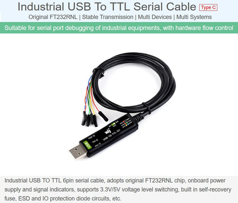 Waveshare Industrial USB to TTL Converter 6pin Serial Cable, Original FT232RNL Chip Better Stability & Compatibility, Compatible with Linux Androi...