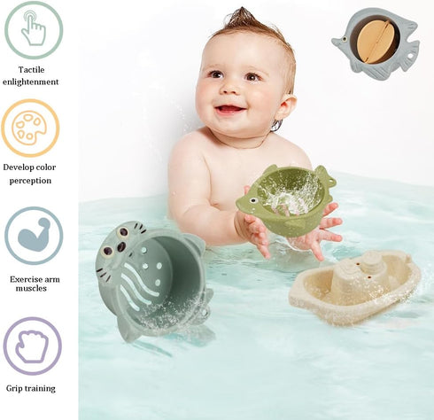 Baby Bath Toys Floating Boats and Sea Animal Shapes Stackable Cups for Toddlers 1-3 | 11 PCS Mold Free Bathtub Toy for Infants 6-12 Months | No Mo...