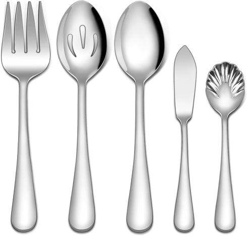 EUIRIO 5 PCS Serving Utensils Set, Stainless Steel Large Hostess Serving Set, Include Serving Spoon, Slotted Spoon, Serving Fork, Sugar Spoon and ...