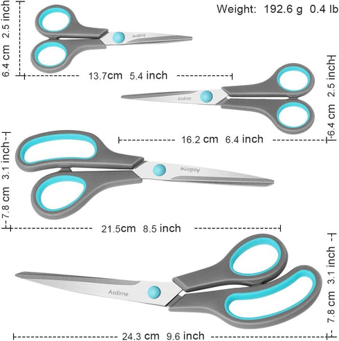 Scissors Set of 4, Premium Stainless Steel Razor Blades, Ergonomic Semi-Soft Rubber Grip, Suitable for School, Office and Family Daily Use, 9.6''/...