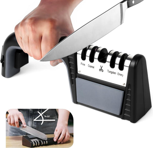 4 Stage Knife Sharpener Tool with Professional 800 Grit Whetstone, Premium Kitchen Knife Sharpener, Manual Knife Sharpener, Blade Sharpener, Sciss...