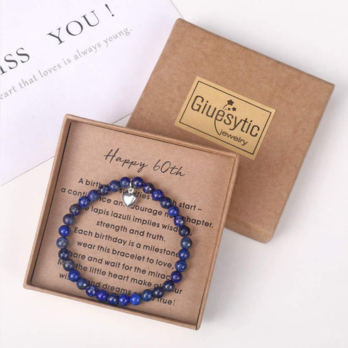 Birthday Gifts for 60 Year Old Woman Lapis lazuli Bead Bracelet with Sterling Silver Heart Charm Gifts for Turning 60 with Card and Gift Box...