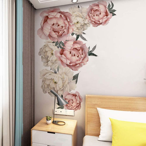 WINDVALE Pink Peony & Rose Floral Wall Stickers, Peel & Stick, Waterproof, Modern Style, 2 Sheets (11.8 x 35.4 inches each), Ideal for Bedroom, Li...