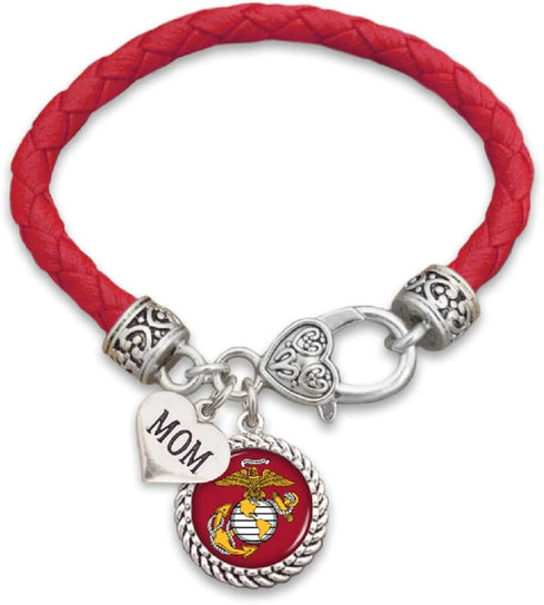 FTH U.S. Marines Mom Leather Bracelet with Round Logo, Charm and Lobster Clasp...
