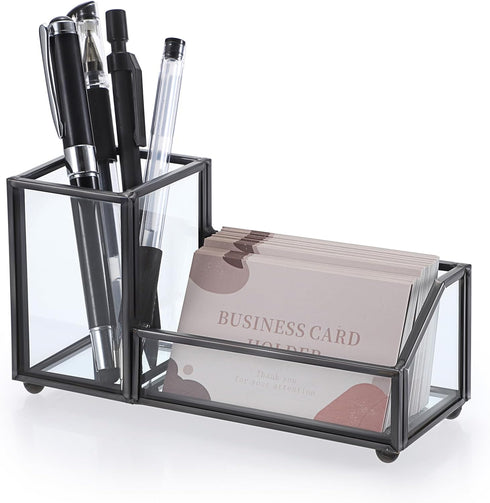 Hipiwe Glass Business Card Holder Metal Pen Pencil Storage Holder for Desk Clear Business Card Display Organizer Case for Office Home,2 Slots,Blac...