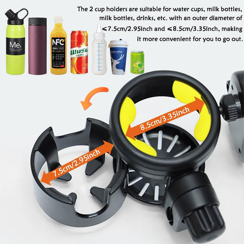 Stroller Cup Holder with Phone Holder,Bike Cup Holder,Freely Rotating and Adjustable 3-in-1 Mobile Phone/Double Bottle Holder for Stroller,Bike,Mo...