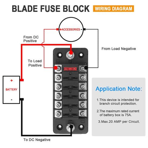 ELECTOP 6 Way Fuse Block Blade Fuse Box with Negative Bus, 6 Circuit Fuse Holder Fuse Block w/Negative Bus, Waterproof Protection Cover Sticker La...