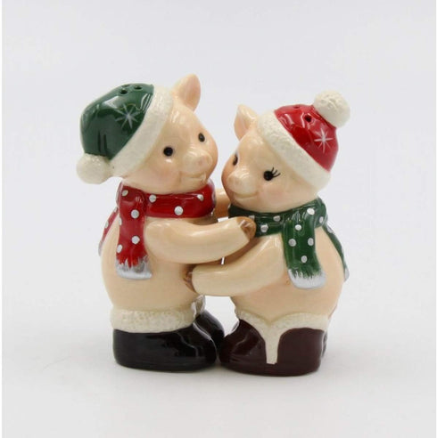 Fine Ceramic Christmas Hugging Pigs Piglets Salt and Pepper Shakers Set, 3-3/4" H...