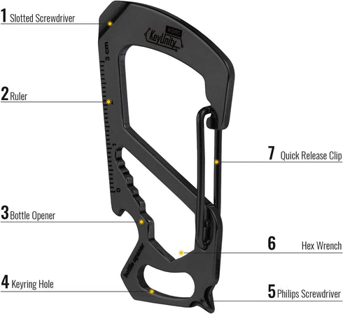 KeyUnity KS00BK Carabiner Clip Multitool Stainless Steel 7 Tools in 1 | Quick Release Clasp | Wrench | Cross Screwdriver | Slotted Screwdriver | B...