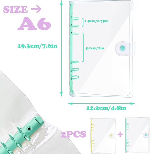 2 Pack A6 Soft PVC 6-Ring Binder Cover, Clear Budget Binder, Clear A6 6-Hole Planner Binder Cover, Milk Yellow Green Round Ring Binder Cover for R...