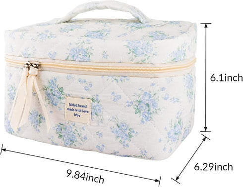 Quilted Cotton Makeup Bag - Blue Cute Floral Travel Cosmetic Bags Large Aesthetic Skincare Pouch with Compartments for Women and Girls Toiletry Or...