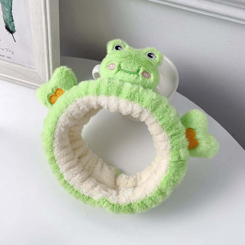 Cute Kawaii Spa Headband Green Frog headband for Women's Skincare, Makeup and Washing - Soft Microfiber Coral Fluffy Towel Headbands for Girls' Ha...