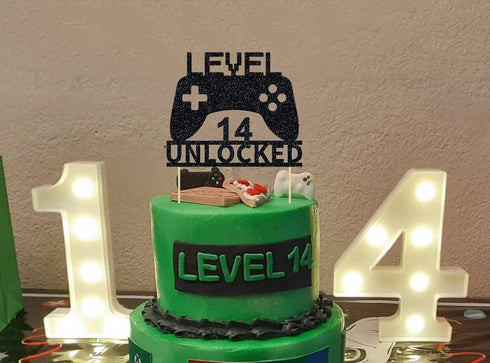 Level 14 Unlocked Cake Topper, Video Game Cake Topper, Game Controller Cake Topper for 14th Birthday Party Decoration...